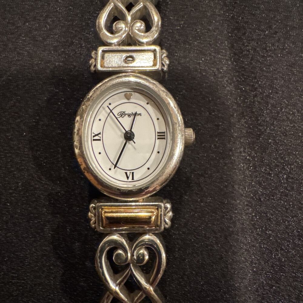Brighton Champagne Women's Oval Dial Silver Tone Black Leather Band Watch